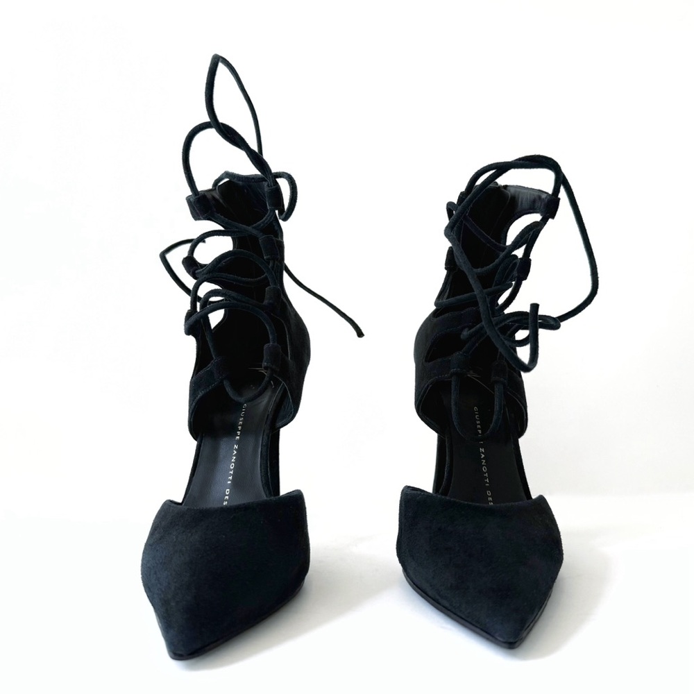 GIUSEPPE ZANOTTI BLACK SUEDE LACE UP ANKLE HIGH HEEL POINTY TOE PUMPS - Picture 5 of 11